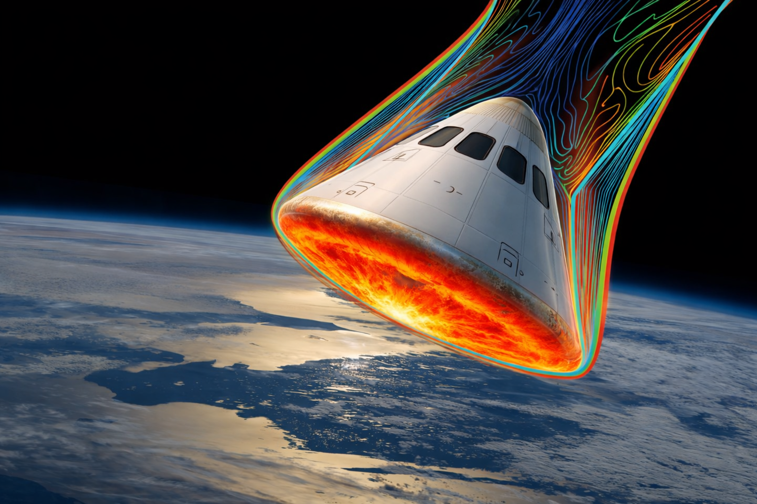 Illustration of a capsule during atmospheric re-entry.